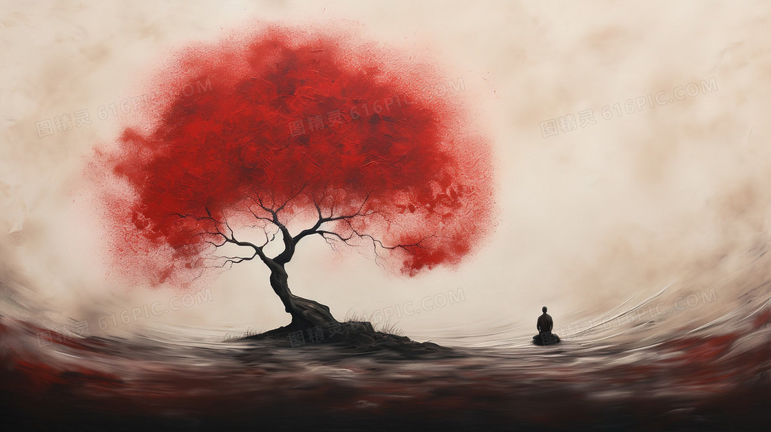 红色大树下坐着的人水墨插画