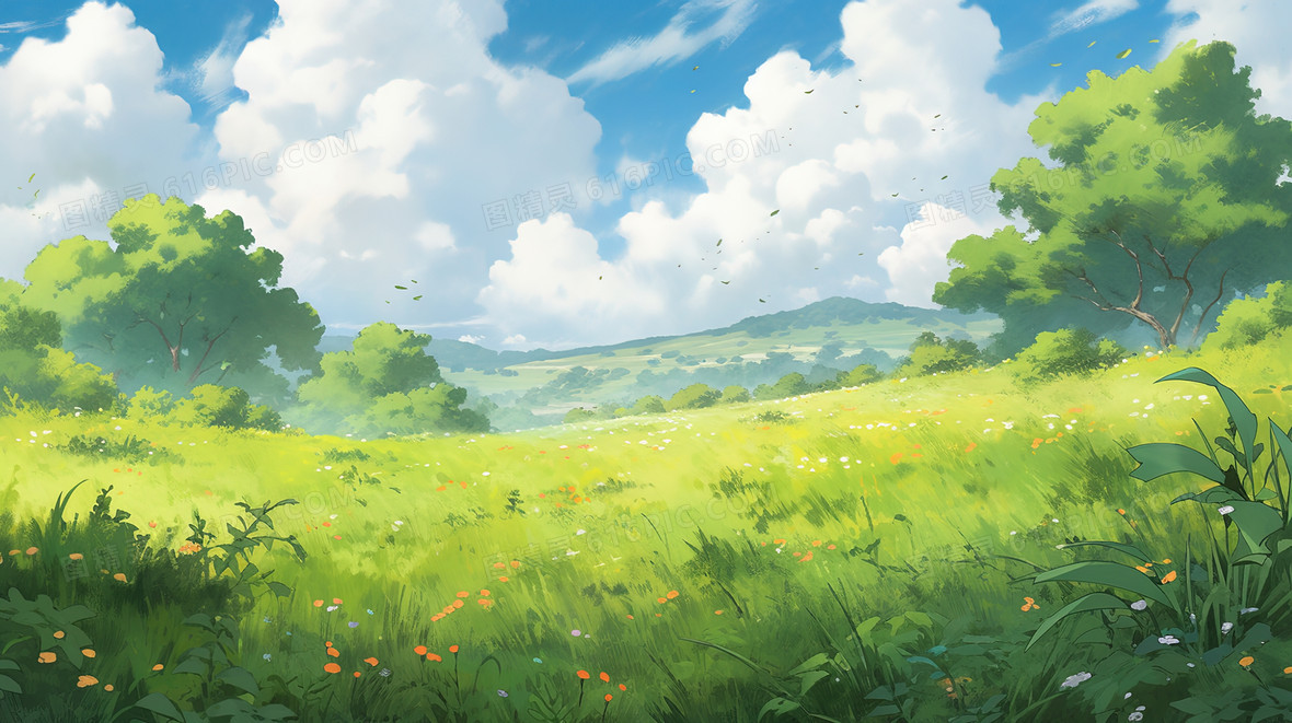 蓝天白云下的青青草原上的大风车插画背景图片