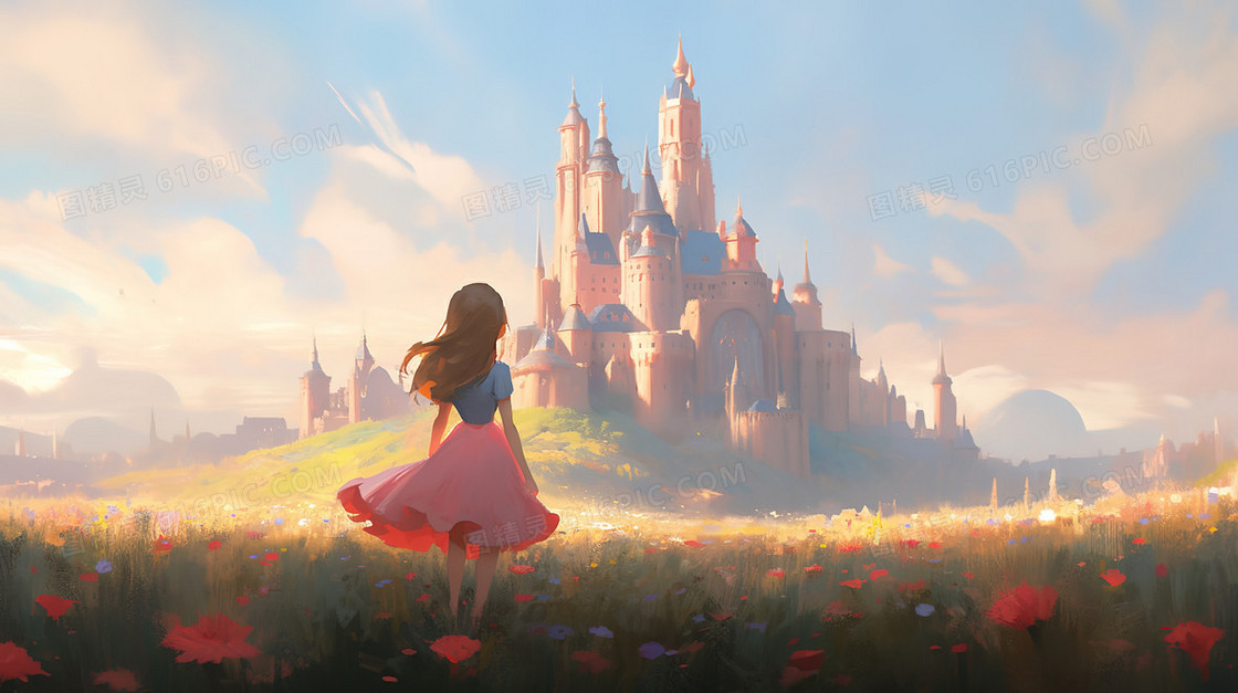梦幻站在城堡前的少女插画