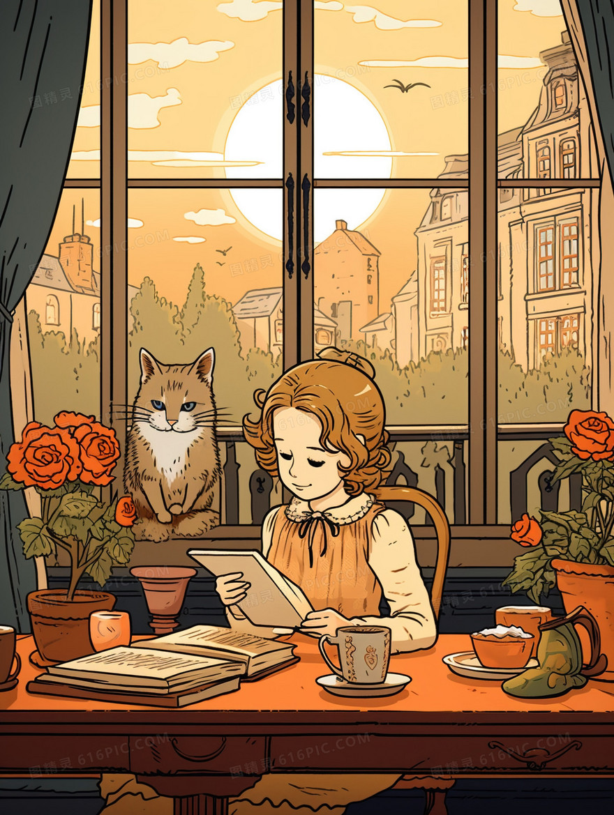 书房里带着小猫阅读的少女插画
