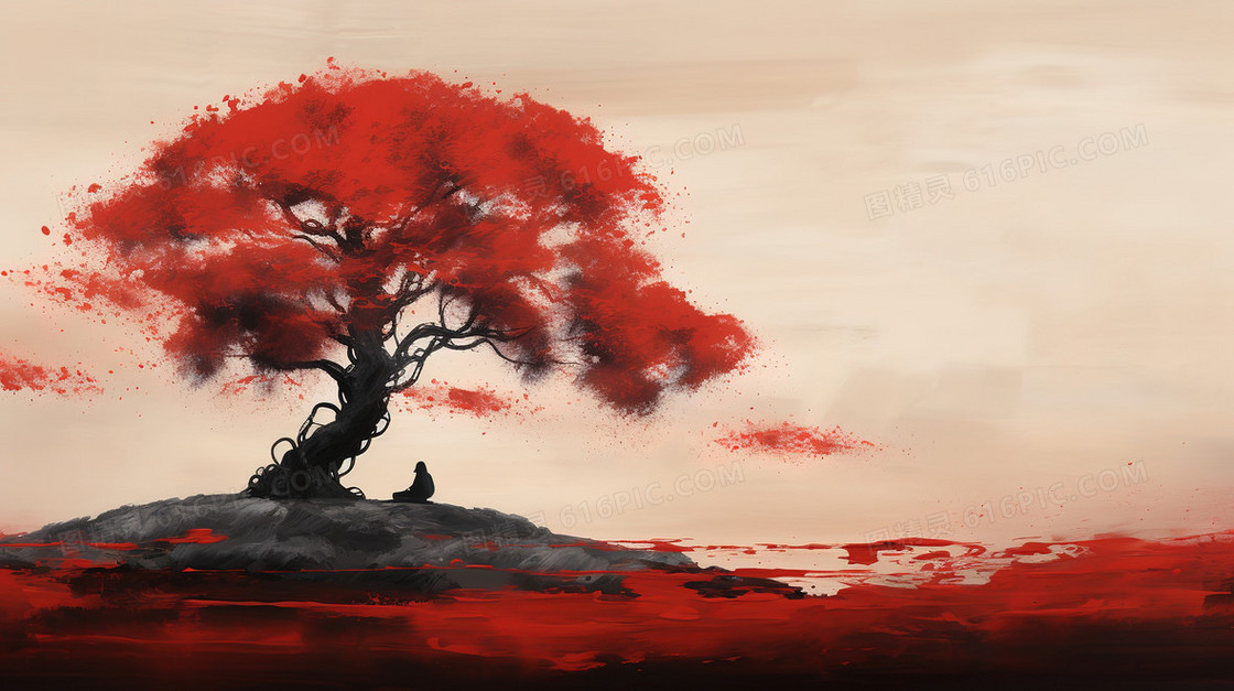 红色大树下坐着的人水墨插画