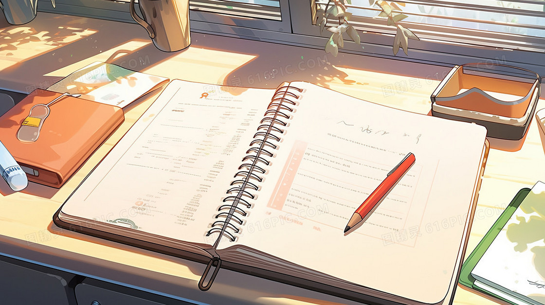 阳光照洒色书桌上打开的笔记本插画