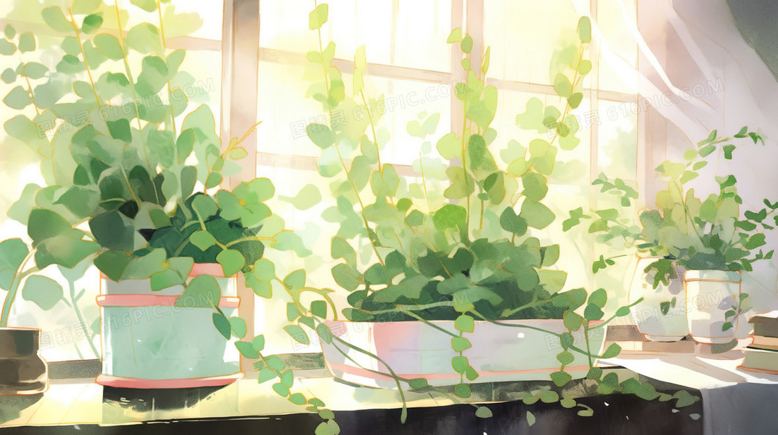 窗台上的绿植盆栽插画