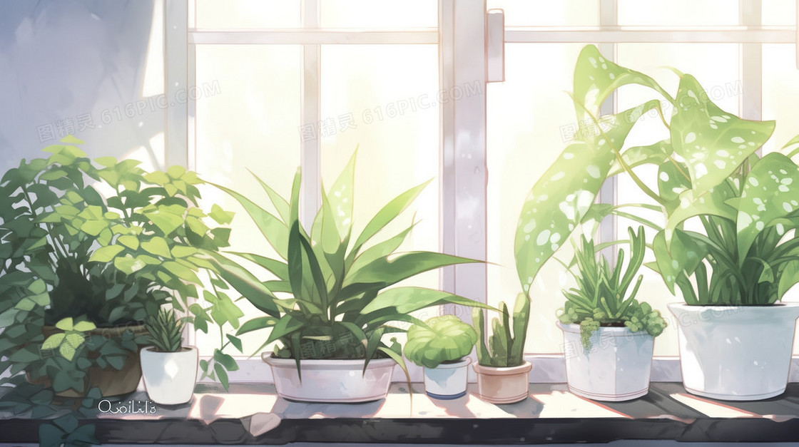 窗台上的绿植盆栽插画