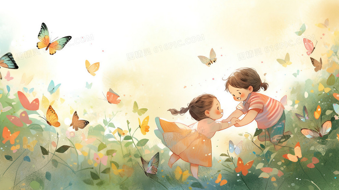 两个小孩在花丛中抓蝴蝶插画