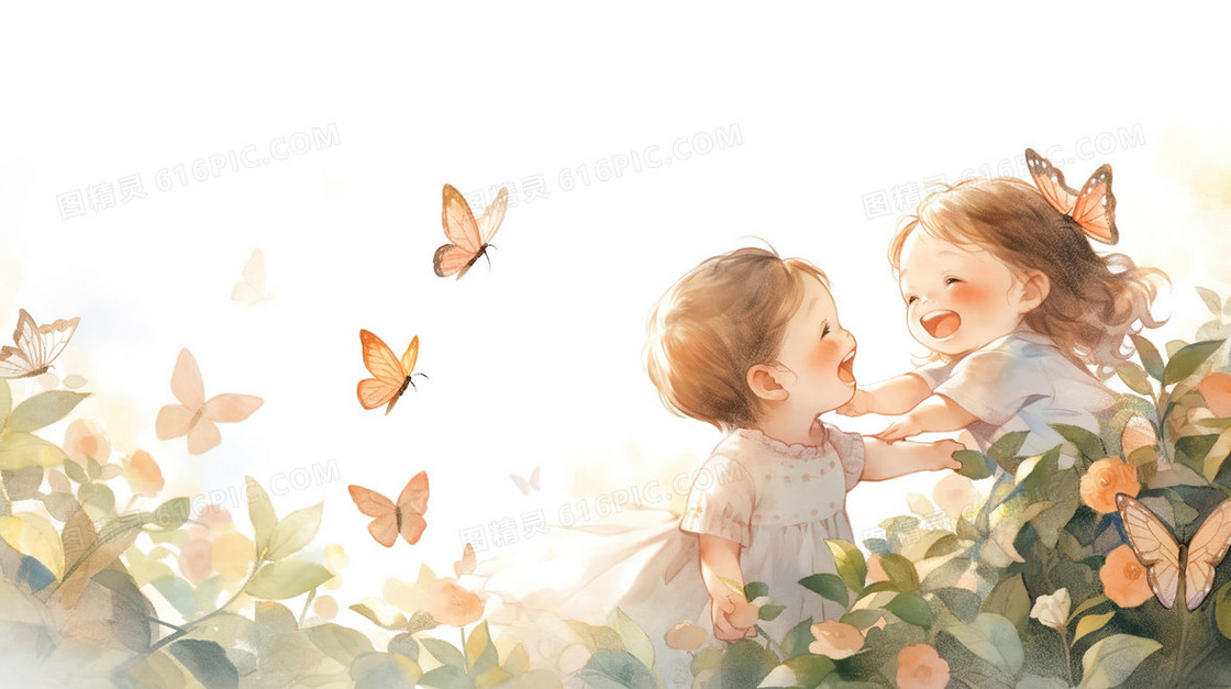 两个小孩在花丛中抓蝴蝶插画