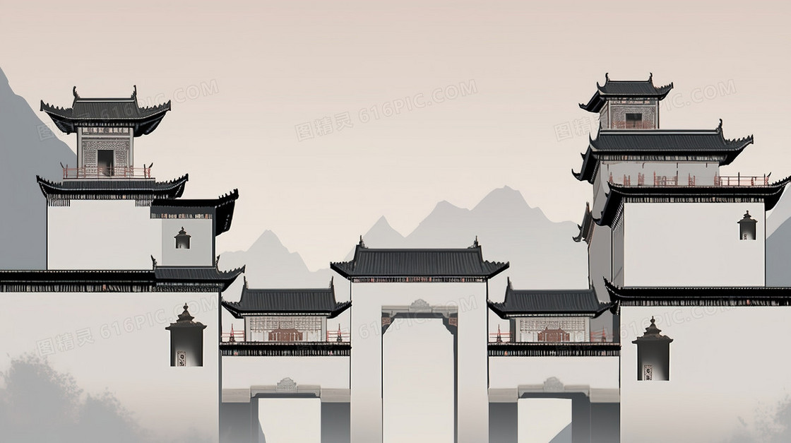 中国古建筑城楼插画