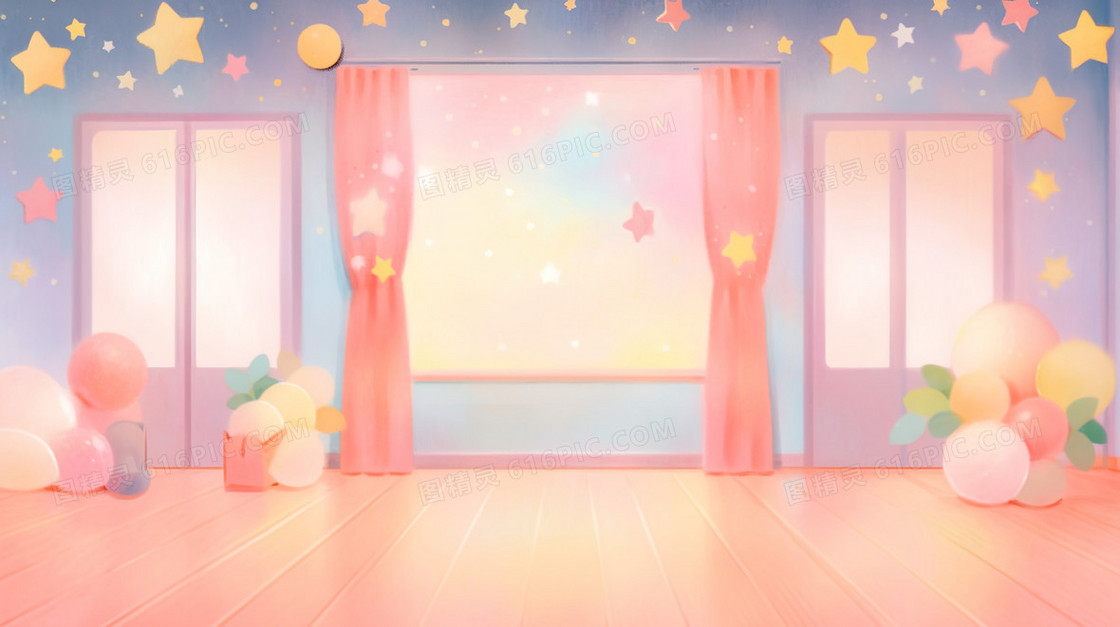 粉色调幼儿园舞蹈室场景插画