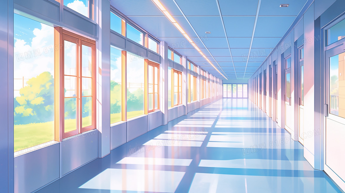 学校里干净明亮的教室走廊插画