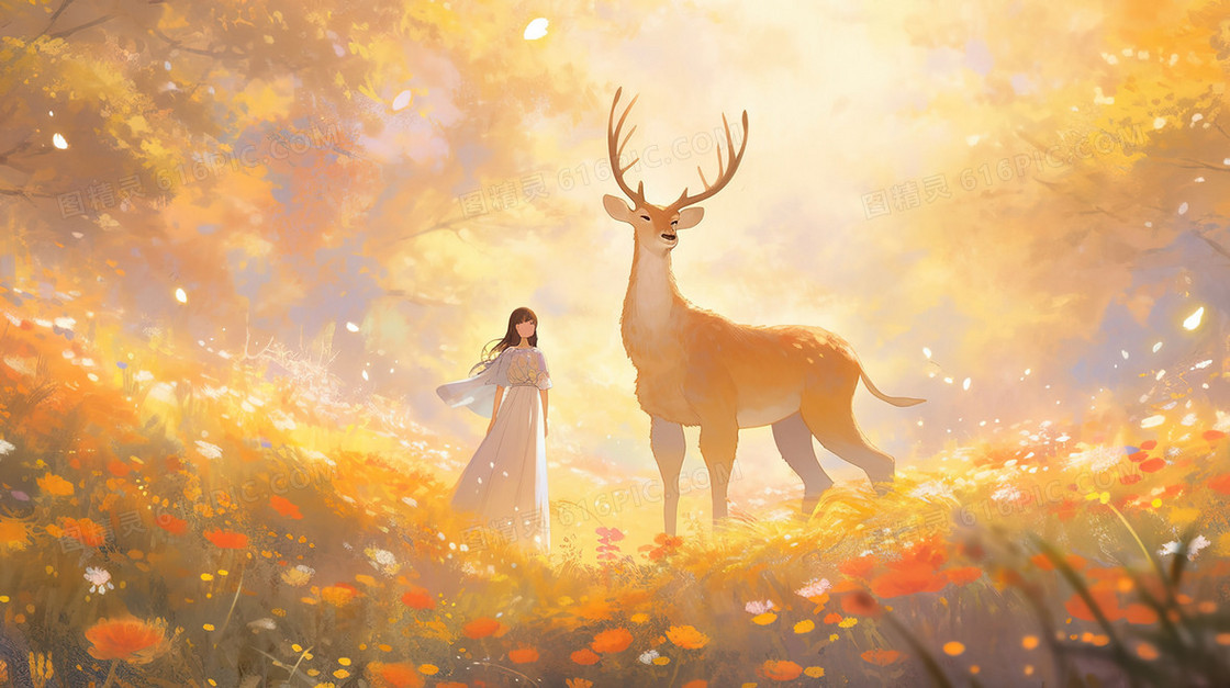 奇幻森林里的驯鹿和少女插画