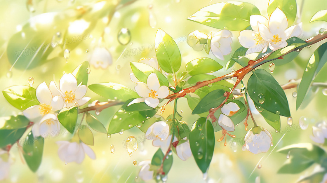 春雨中的绿叶树枝白色花朵插画