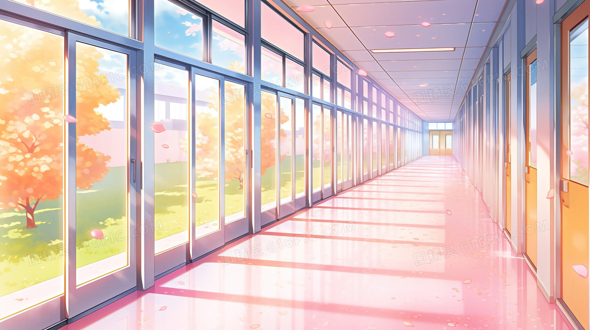 学校里干净明亮的教室走廊插画