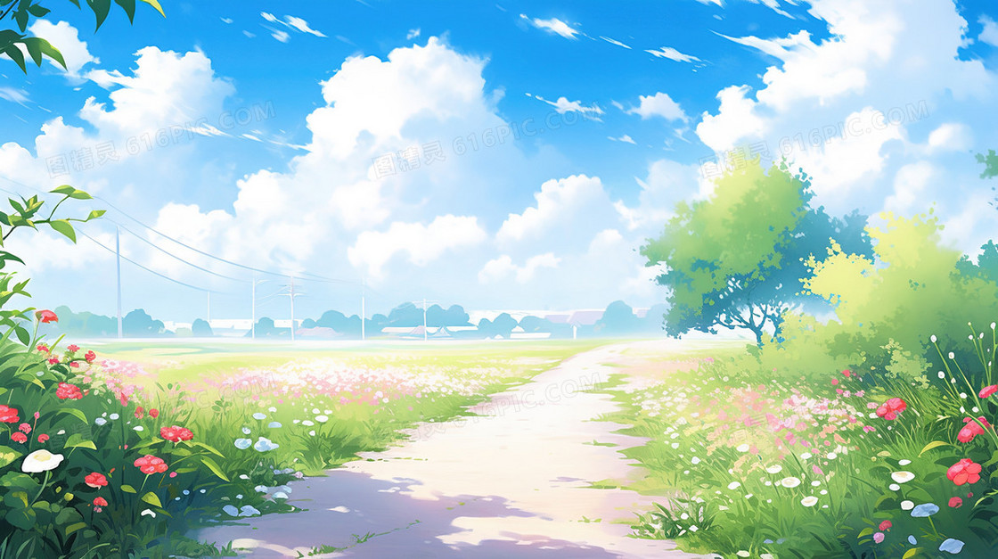春季生机盎然的乡镇道路插画