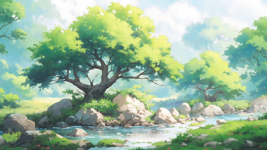 春天山林小溪旁的树木插画