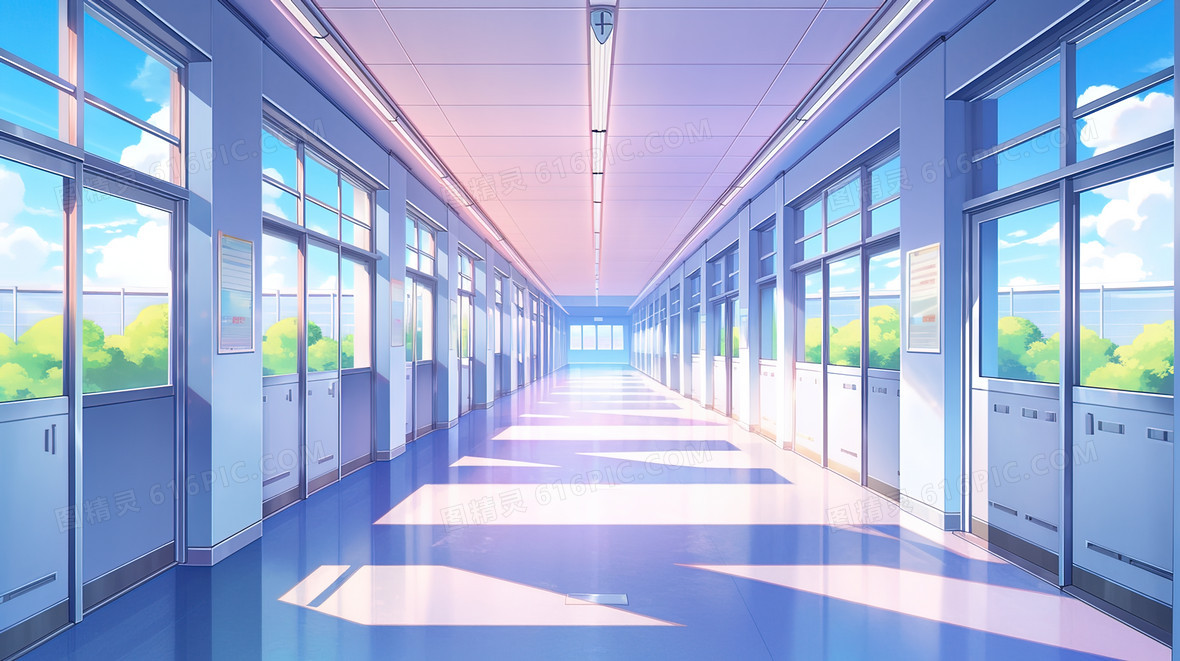学校里干净明亮的教室走廊插画