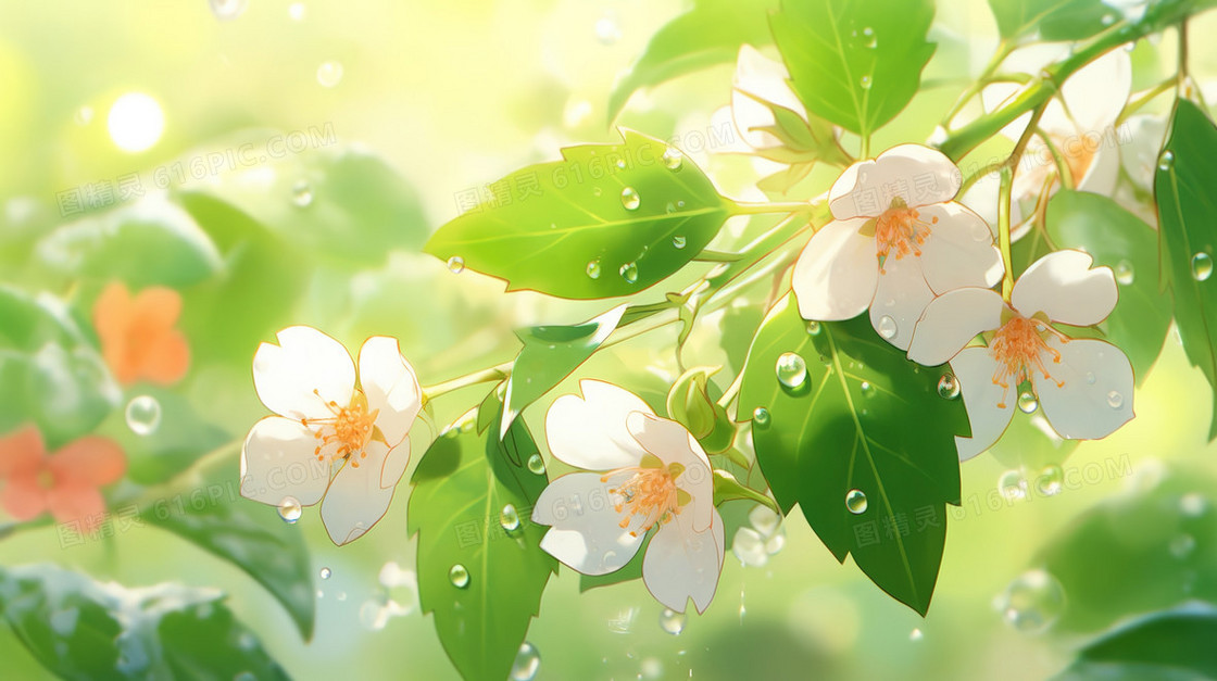 春雨中的绿叶树枝白色花朵插画