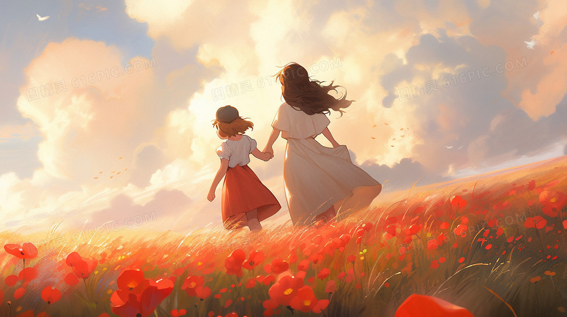红色鲜花花田里手拉手的女生插画