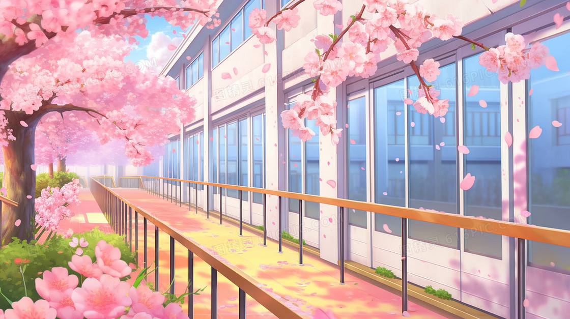 春天校园窗边粉色花朵风景插画