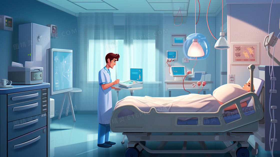 医院私家病房里的场景插画