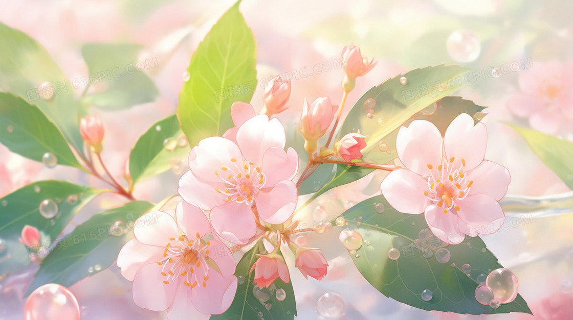 春天雨滴里的粉色花朵插画