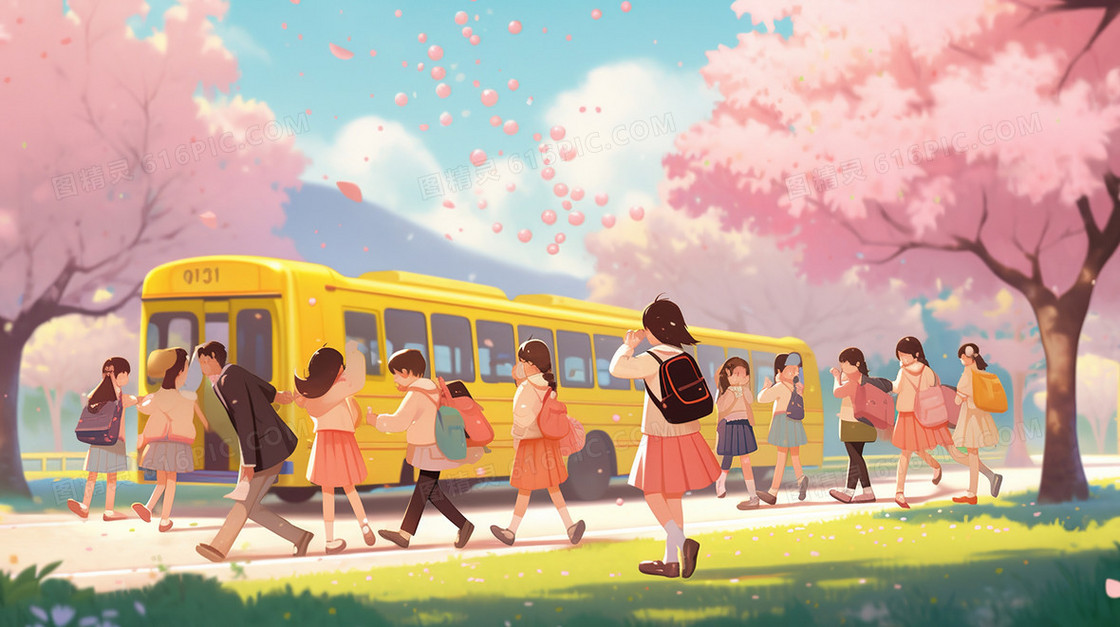 小学生准备出发春游插画