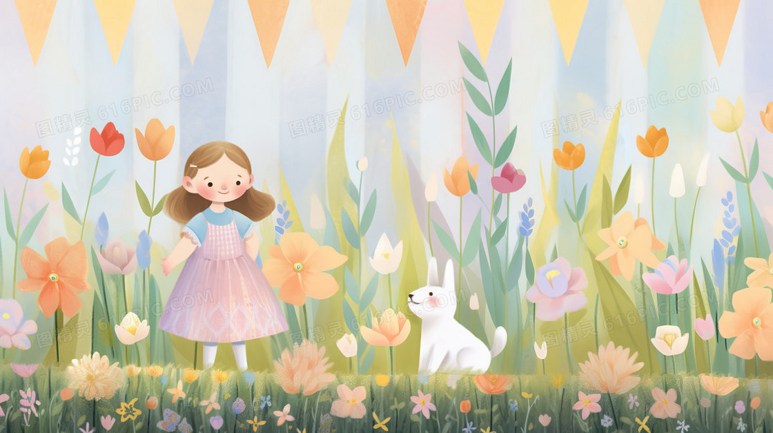 春天花丛中的小女孩和小狗插画
