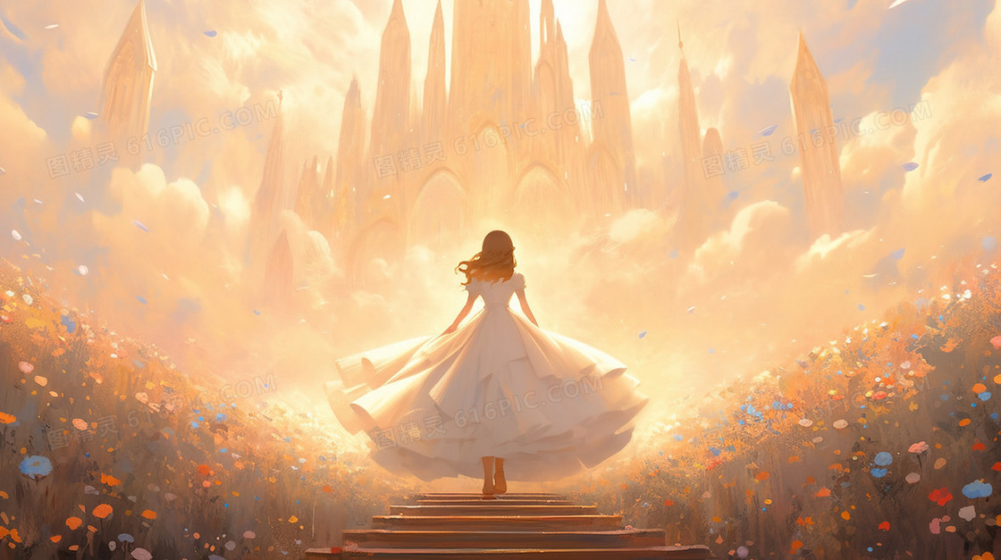 阳光中云中城堡前的少女背影插画