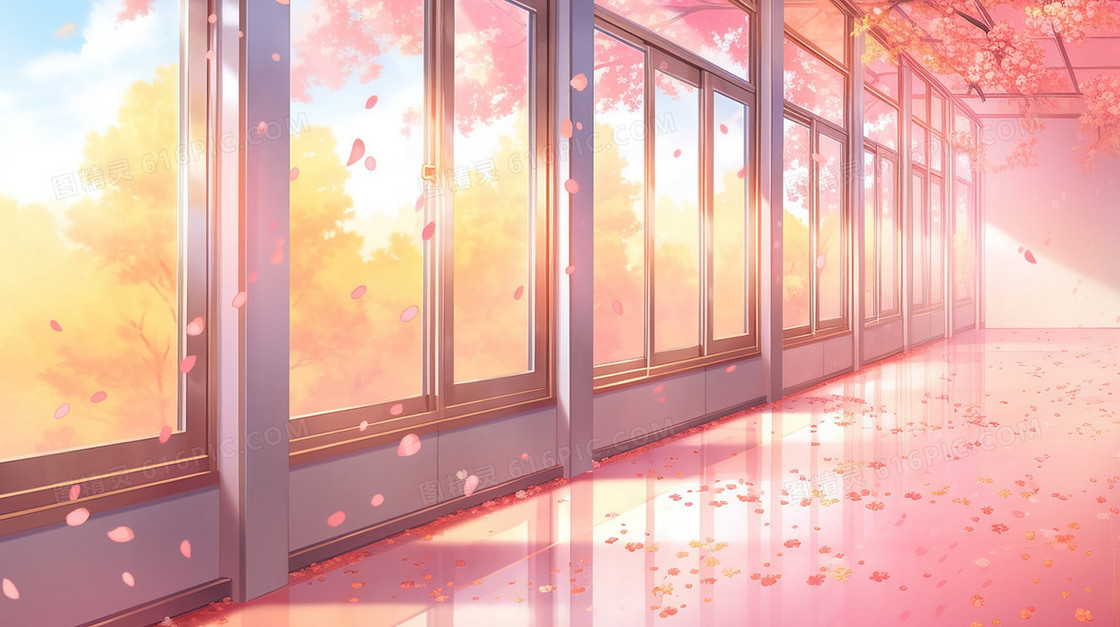 春天校园窗边粉色花朵风景插画