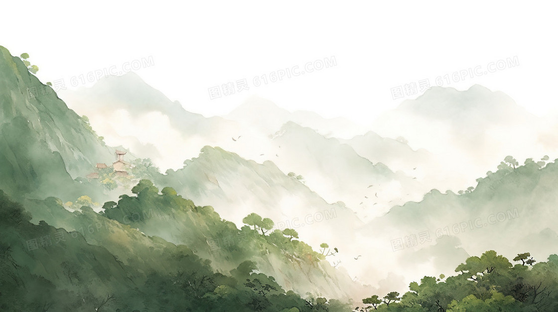 山雾袅绕的群山峻岭中国山水插画