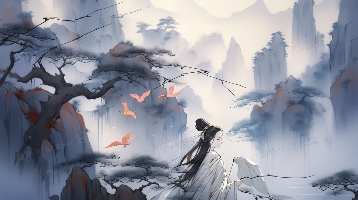 群山苍松古典美人水墨插画背景图片下载_2912x1632像素JPG格式_编号