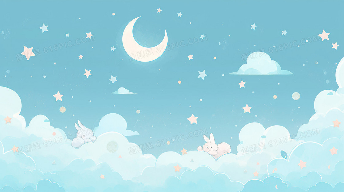 淡蓝色背景月亮下的卡通小白兔插画