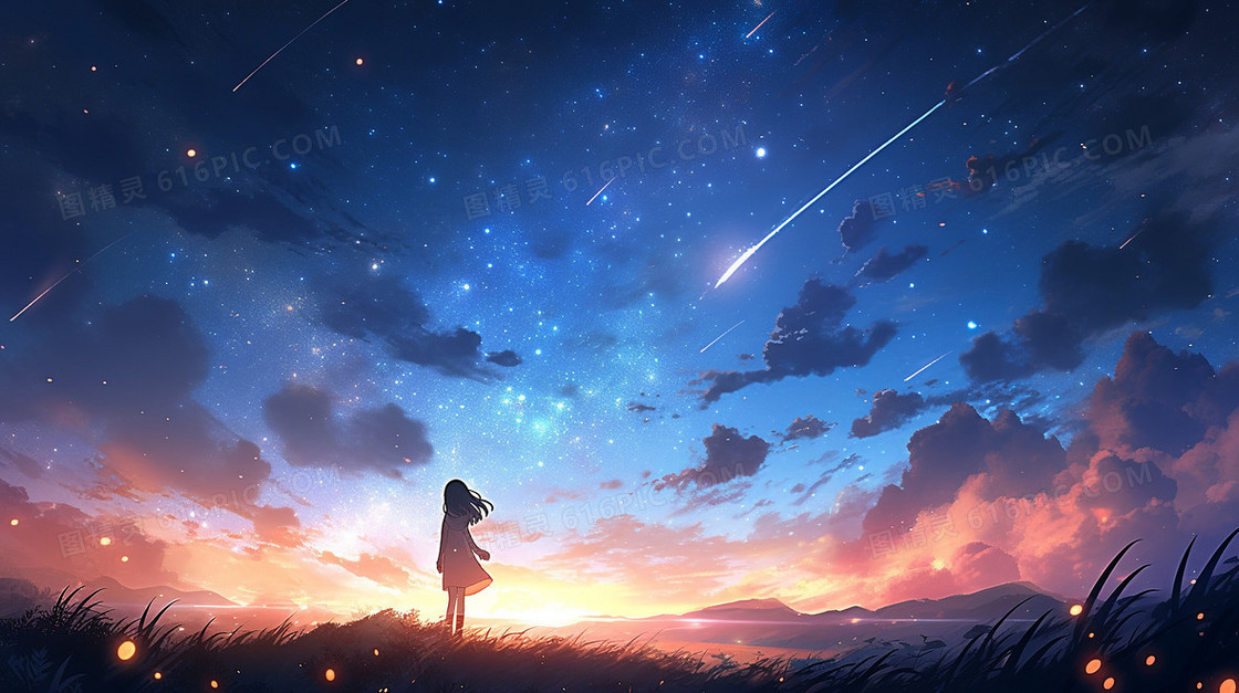 梦幻背景可爱的小女孩在草丛中看星空中流星的插画