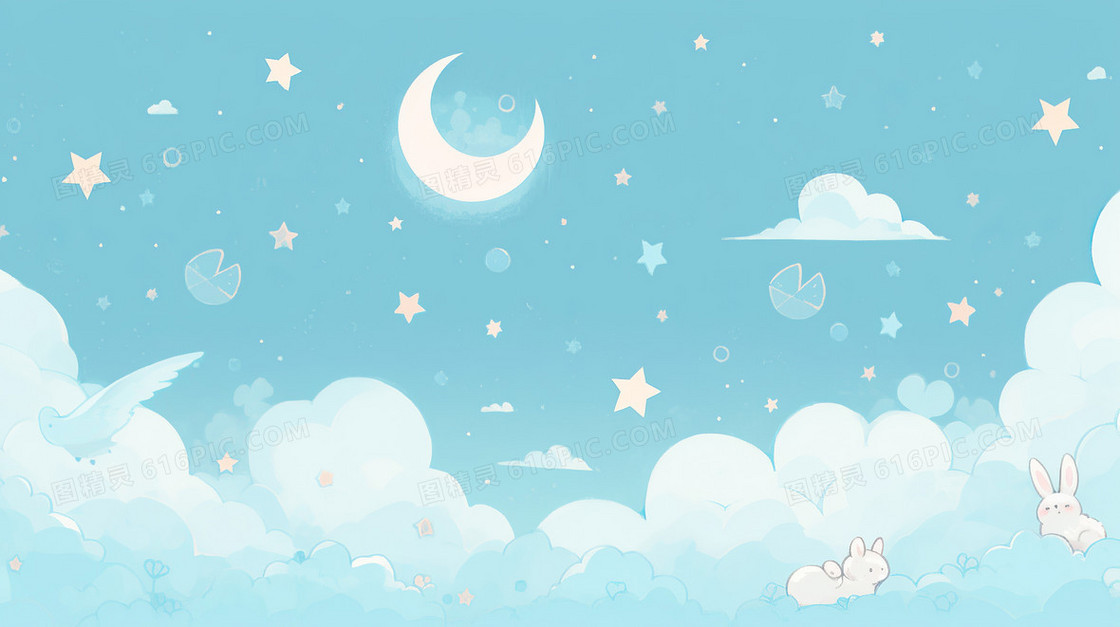 淡蓝色背景月亮下的卡通小白兔插画