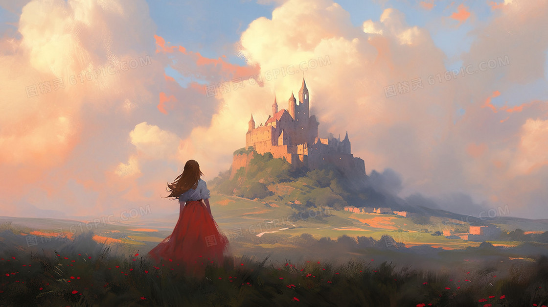 走向山顶城堡的少女插画