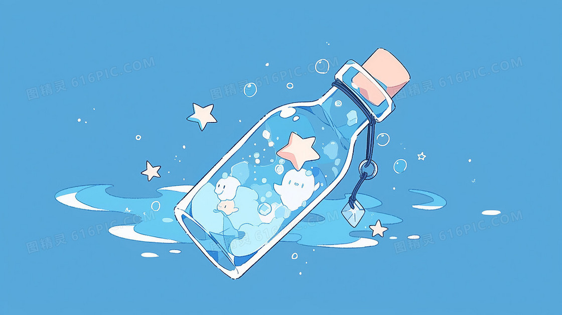 可爱的漂流瓶蓝色背景插画