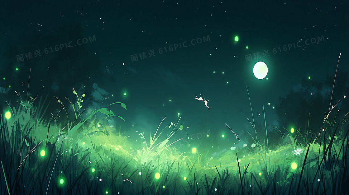 月光下绿色草地中萤火虫插画