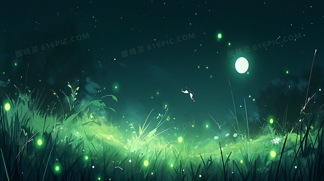 月光下绿色草地中萤火虫插画