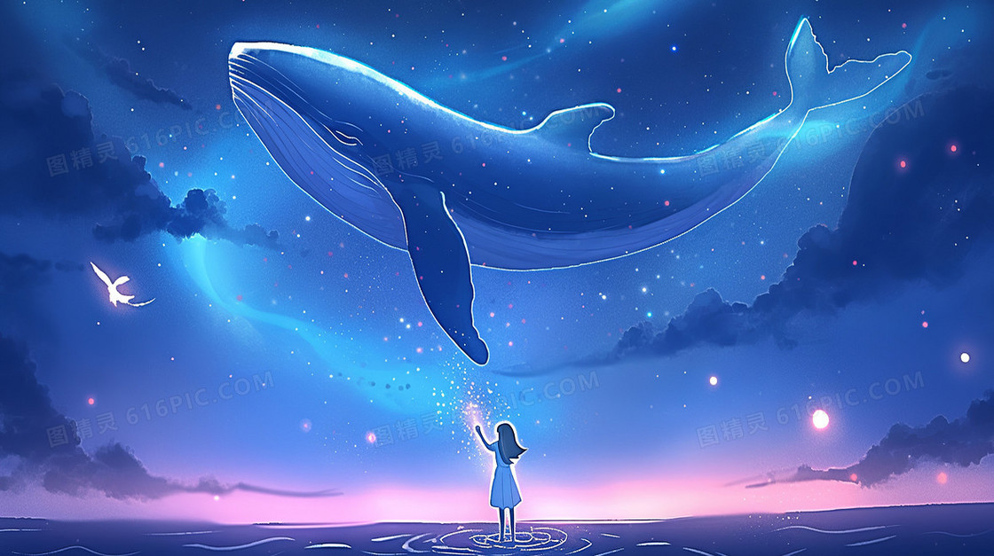 星空中女孩仰望鲸鱼的插画