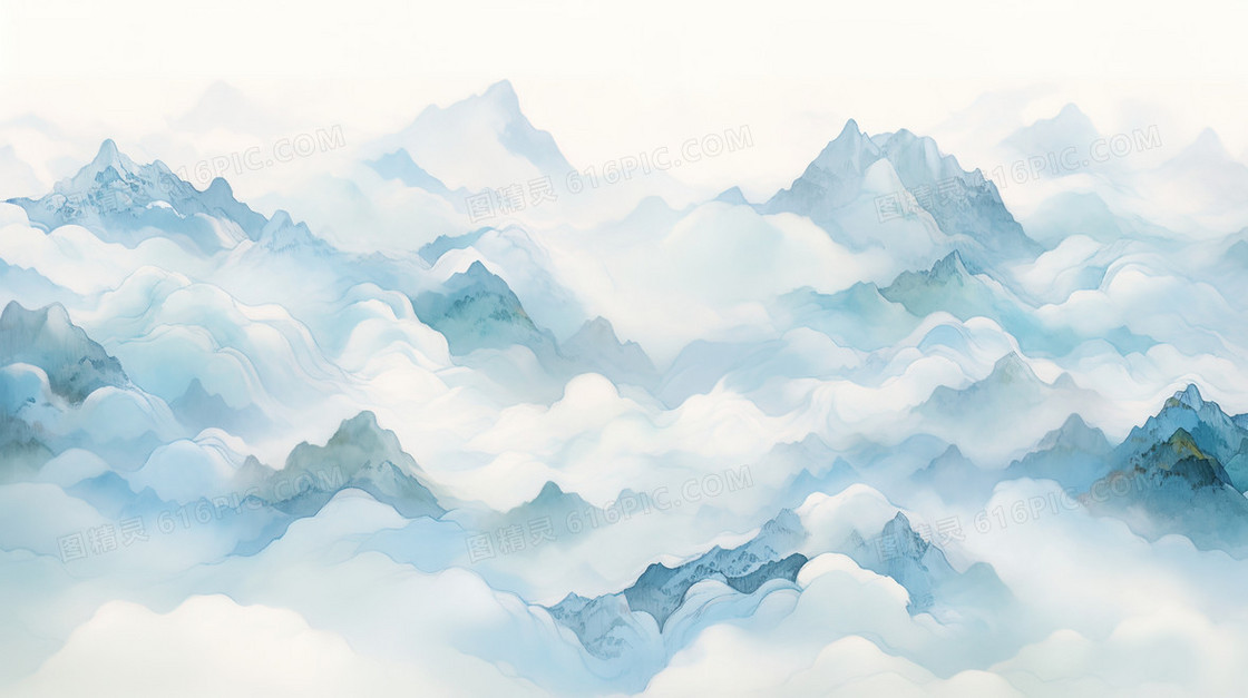 山雾袅绕的丛山中国山水插画