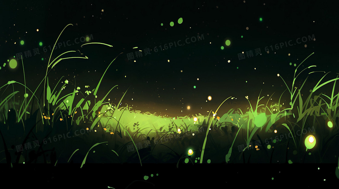星空下绿色草地中萤火虫插画