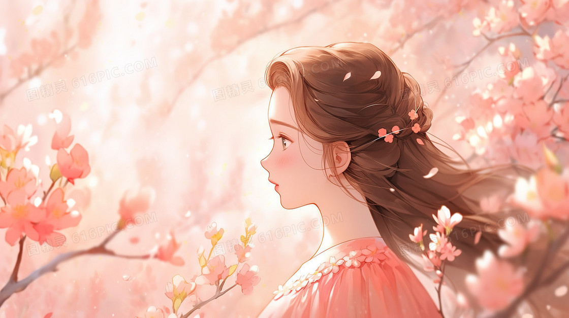 春天粉色花朵中的女孩唯美插画
