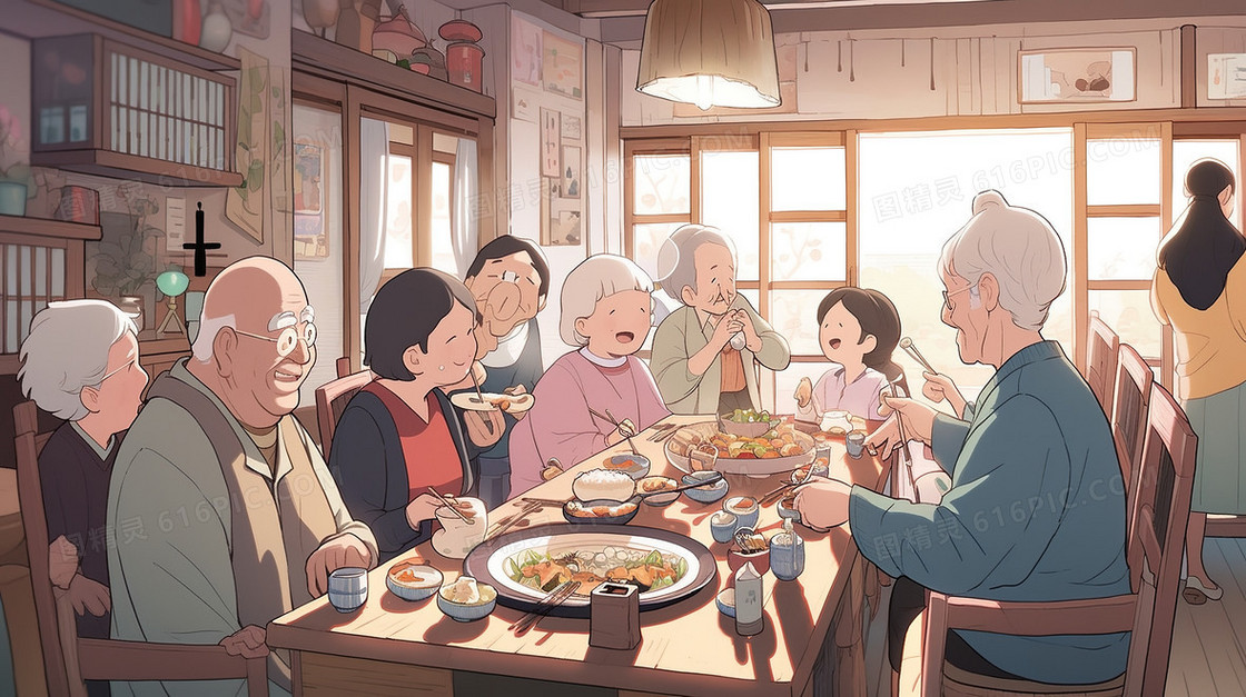老年人欢乐聚餐插画