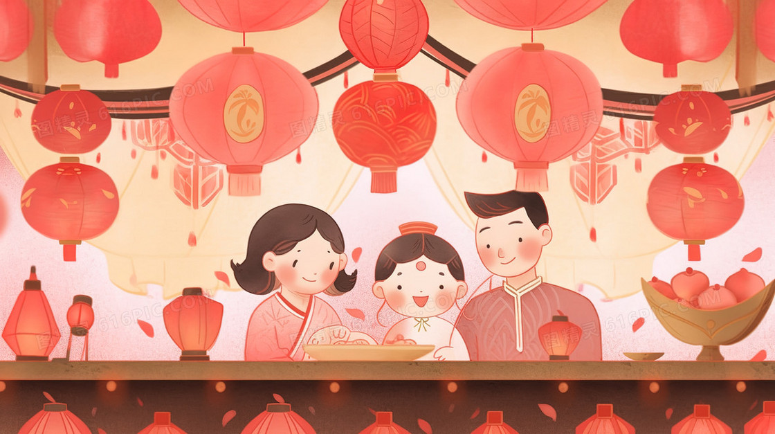 元宵节灯笼下团圆的家人插画