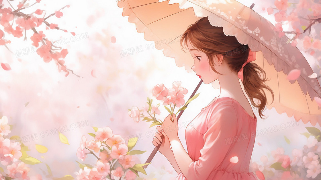 春天粉色花朵中的女孩唯美插画