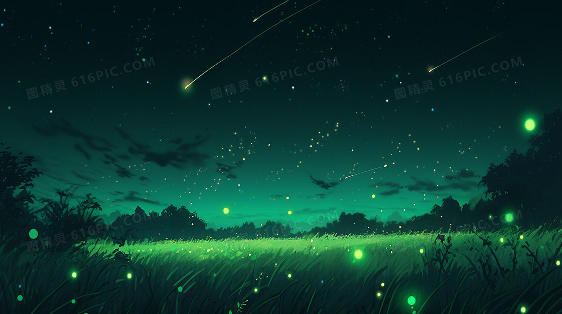 蓝色星空中流星下绿色草地上萤火虫插画