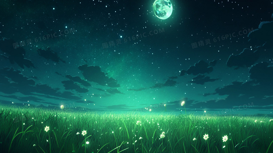月光下绿色草地中小白花插画