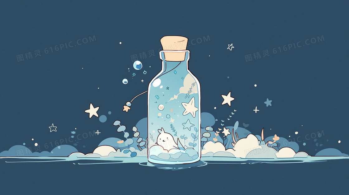 可爱的漂流瓶蓝色背景插画