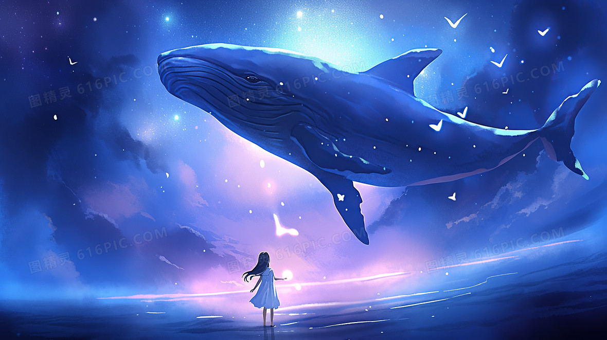 星空中女孩仰望鲸鱼的插画