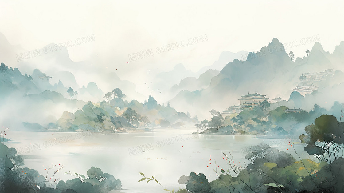 山雾丛山河流中国山水插画