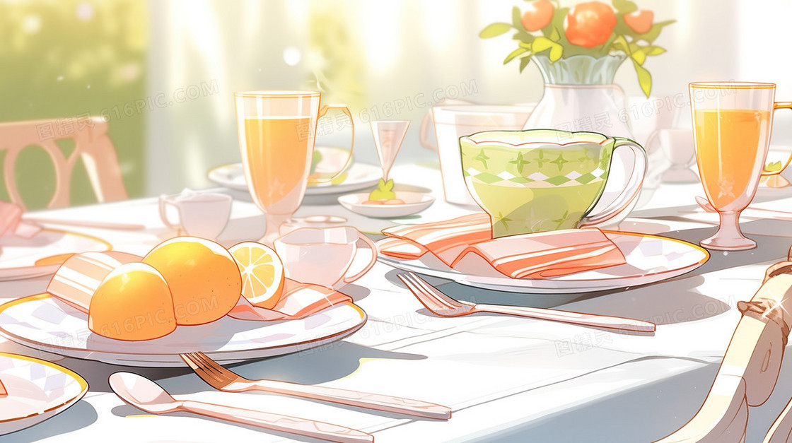 一桌丰盛的西式早餐插画
